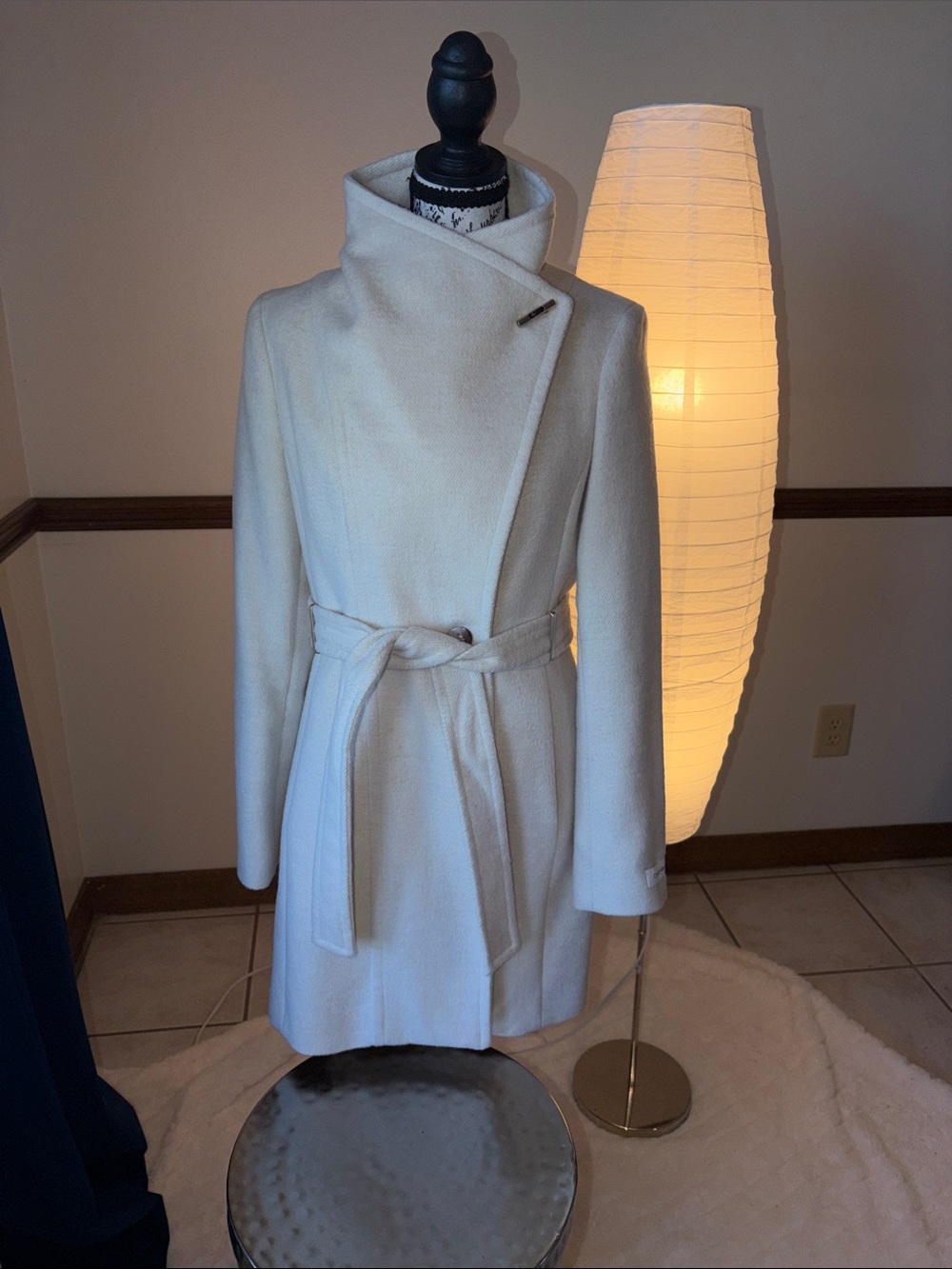 Calvin Klein Asymmetrical Cream Wrap Trench Coat